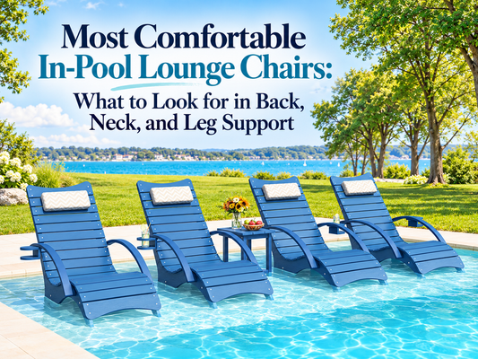 Four blue in-pool lounge chairs with contoured backrests on a sunny tanning ledge.