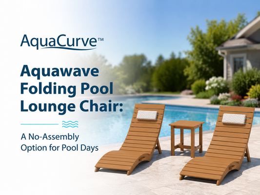 AquaCurve Aquawave teak folding pool lounge chairs beside a backyard swimming pool
