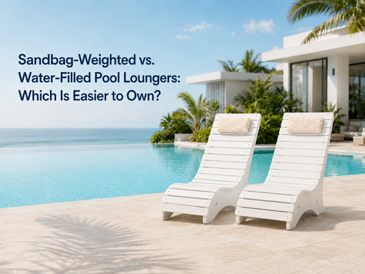 Two white sandbag-weighted pool loungers beside a swimming pool