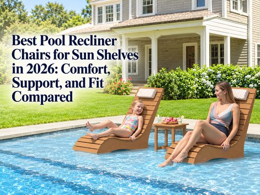 Two AquaCurve pool recliner chairs on a residential sun shelf with an in-pool side table