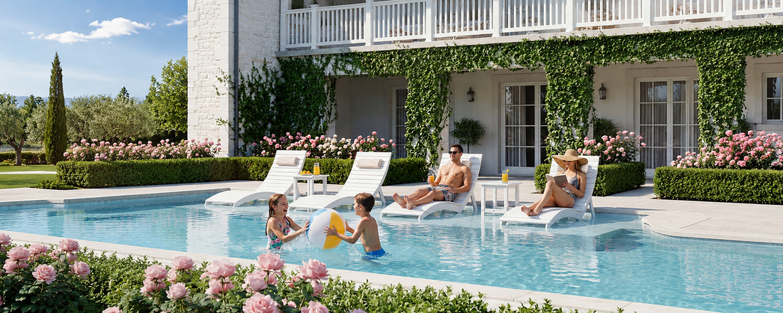 Wide sun shelf seating with side-by-side in-pool lounge chairs for shallow ledges
