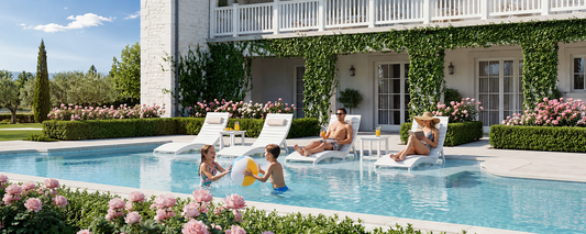 Wide sun shelf seating with side-by-side in-pool lounge chairs for shallow ledges