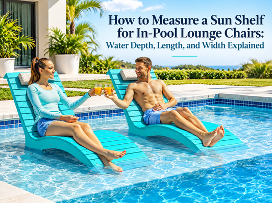 AquaCurve in-pool lounge chairs on a shallow sun shelf for measuring water depth, length, and width
