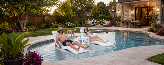 AquaCurve white foldable in-pool loungers on a shallow tanning ledge for easy summer pool relaxation and storage