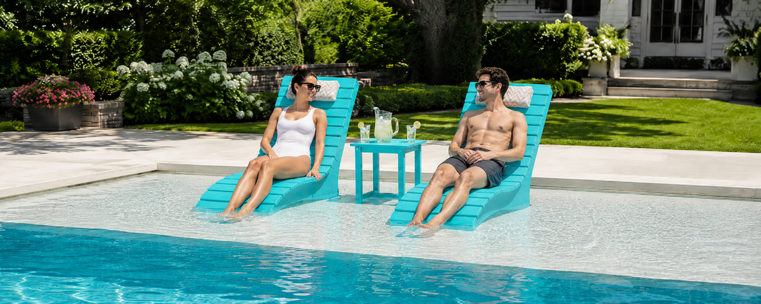 AquaCurve Aquawave in-pool lounge chairs on a shallow sun shelf for a photo-ready pool setup