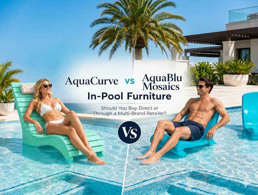 AquaCurve vs AquaBlu Mosaics in-pool furniture comparison for residential sun shelves