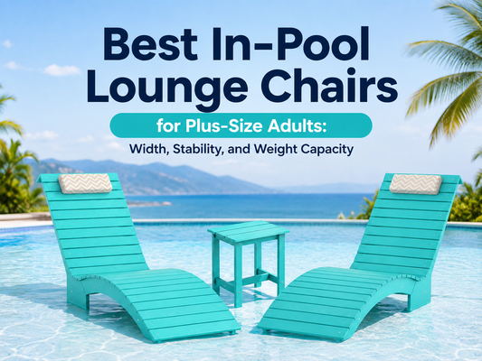 Plus-size adult relaxing on a wide AquaCurve in-pool lounge chair on a shallow tanning ledge