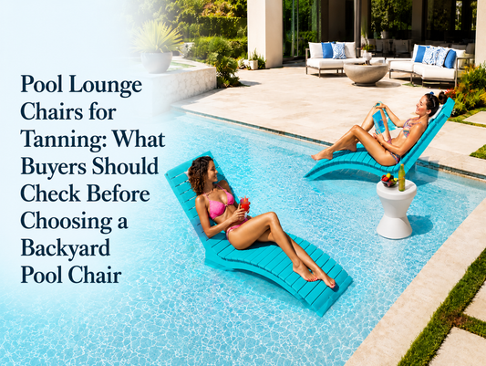 Pool lounge chairs for tanning on a sunny backyard pool shelf