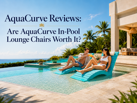 AquaCurve reviews guide showing in-pool lounge chairs on a sun shelf