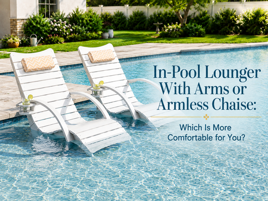 In-pool lounger with arms on a shallow sun shelf for comfortable poolside seating