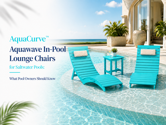 AquaCurve Aquawave in-pool lounge chairs on a shallow saltwater pool tanning ledge with matching side table