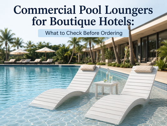 Commercial pool loungers on a shallow sun shelf at a boutique hotel pool