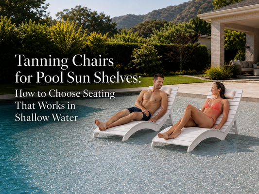 Tanning chairs for pool sun shelves on a shallow water ledge with white in-pool lounge chairs