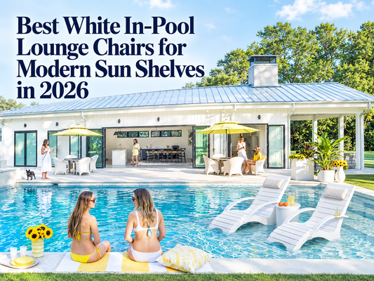 White AquaCurve in-pool lounge chairs on a modern sun shelf with two women relaxing by the pool