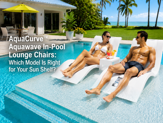 AquaCurve Aquawave in-pool lounge chairs on a shallow sun shelf with two loungers and side table