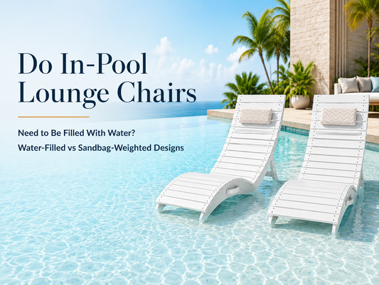 Sandbag-weighted in-pool lounge chairs positioned on a shallow swimming pool tanning ledge