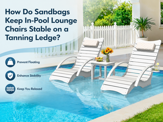 AquaCurve in-pool lounge chair stabilized by sandbags on a shallow tanning ledge