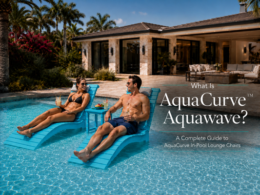 AquaCurve Aquawave in-pool lounge chairs on a shallow sun shelf with two adults relaxing