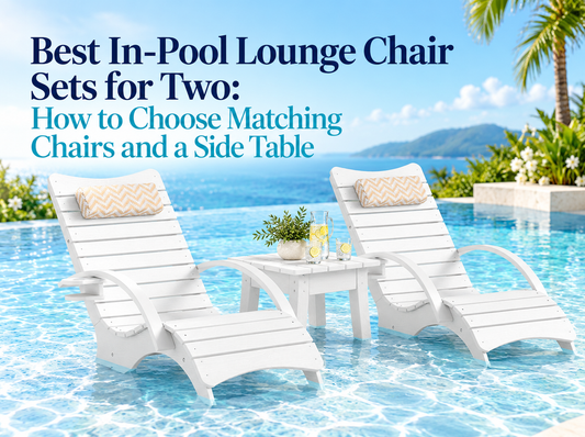 Two white in-pool lounge chairs with a matching side table on a sunny swimming pool tanning ledge