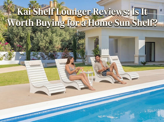 AquaCurve white in-pool chaise loungers on a pool patio as a comfortable alternative to the Kai shelf lounger