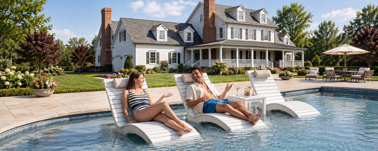 Couple relaxing on two white in-pool chaise lounge chairs arranged on a shallow sun shelf