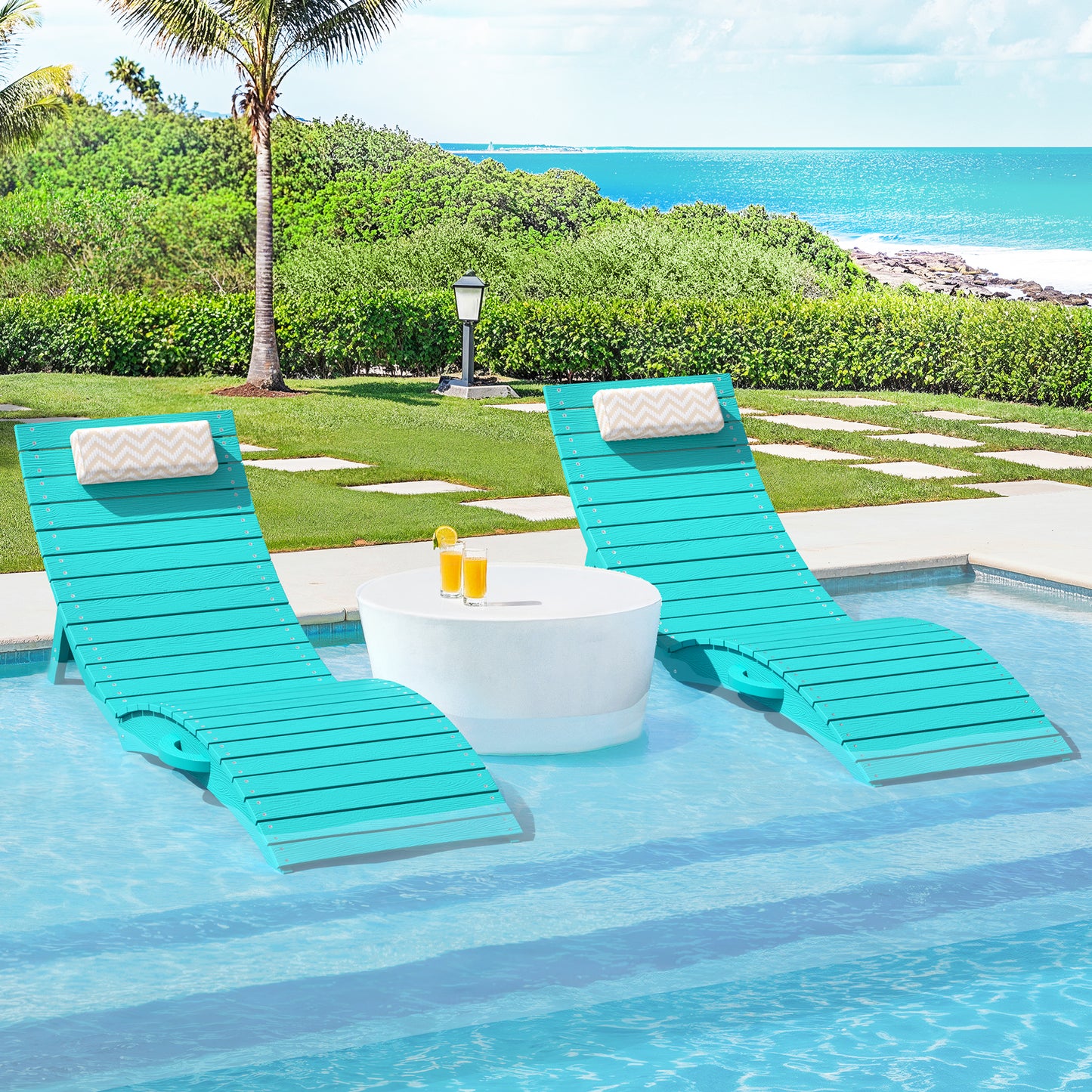 Folding Pool Lounge Chair with Headrest, Pre‑Assembled HDPS, Anti‑Floating Design