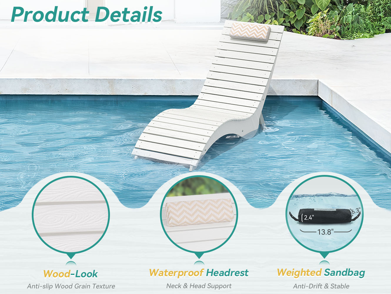 In-Pool Loungers & Chaise Sets, HDPS Pool Lounge Chairs with Headrests