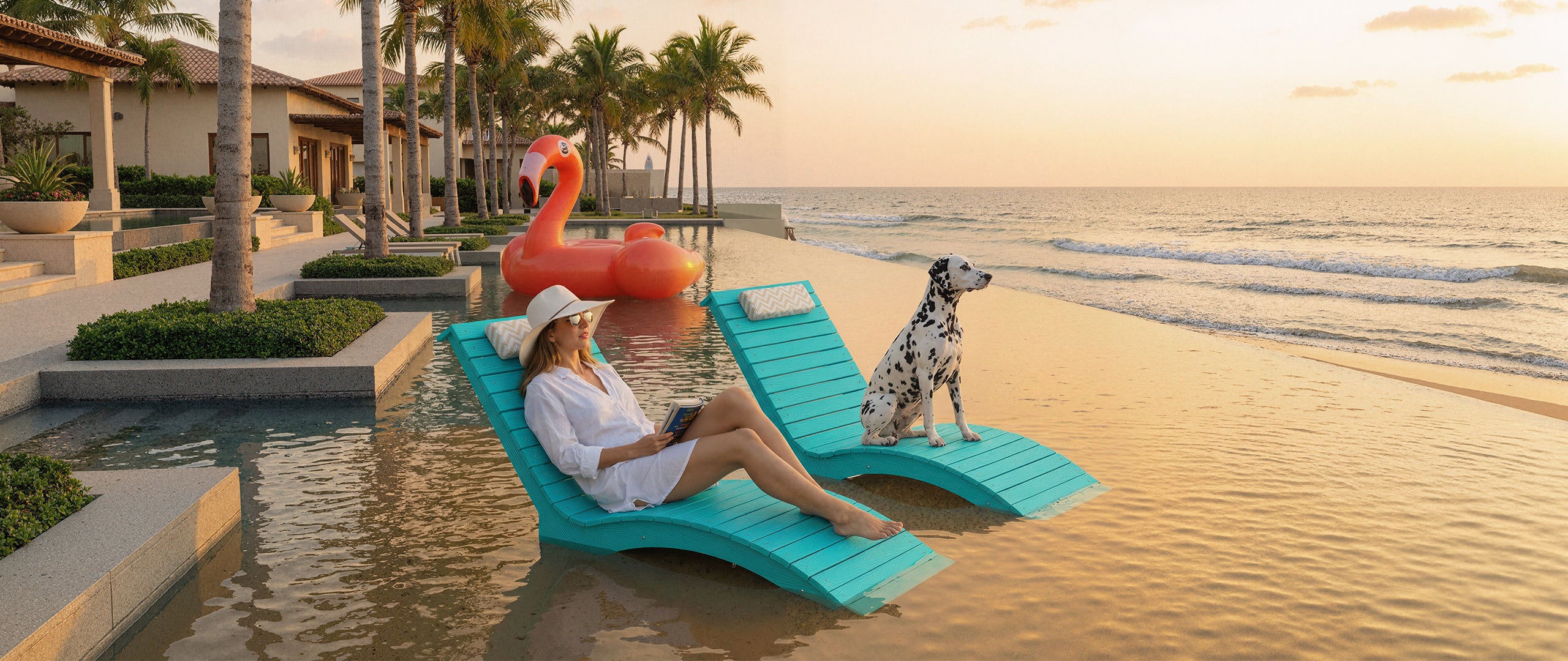 AquaCurve HDPS chaise-style pool lounge chairs in shallow water for sun shelf relaxation