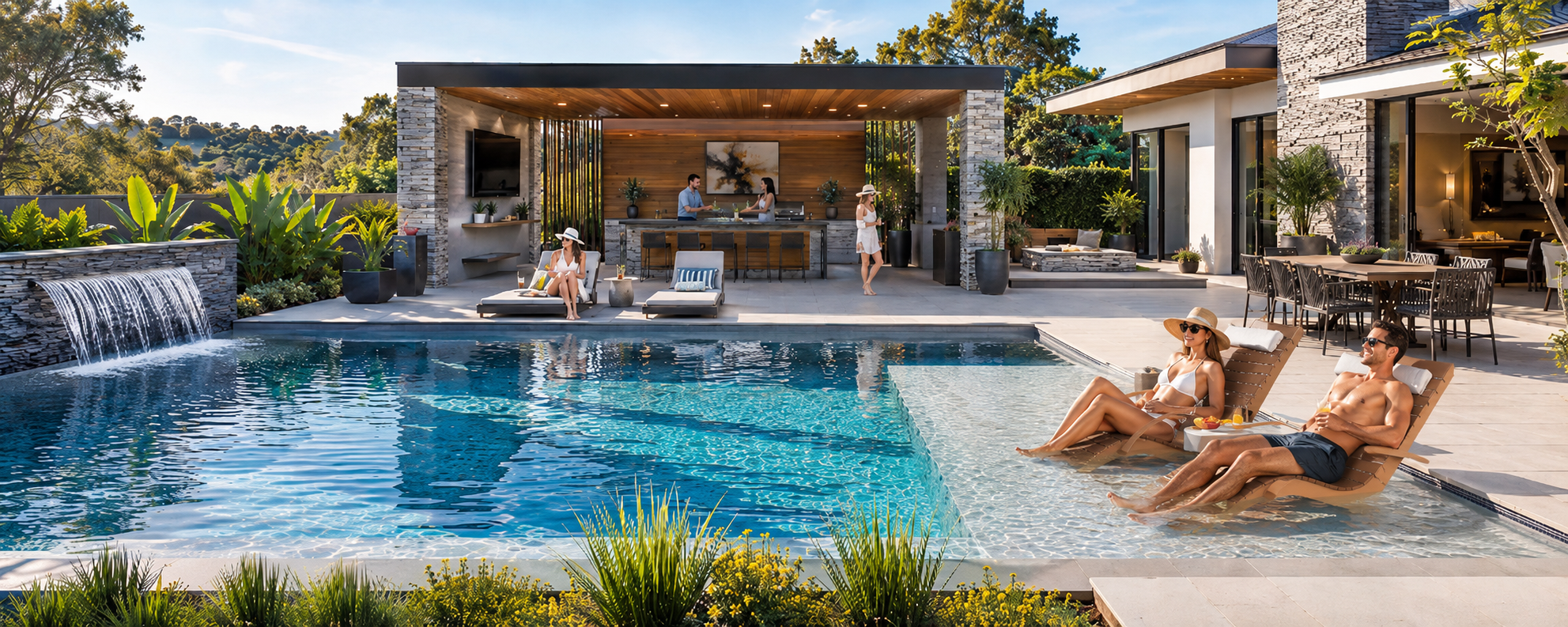 AquaCurve Aquawave lounge chairs on a backyard pool sun shelf for compact and spacious ledge layouts