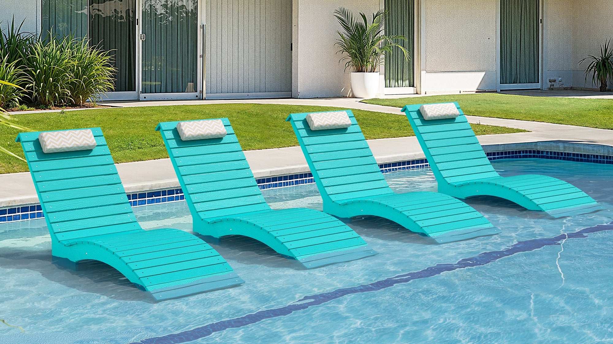 in-pool lounge chair on a sun shelf with balanced shallow water depth