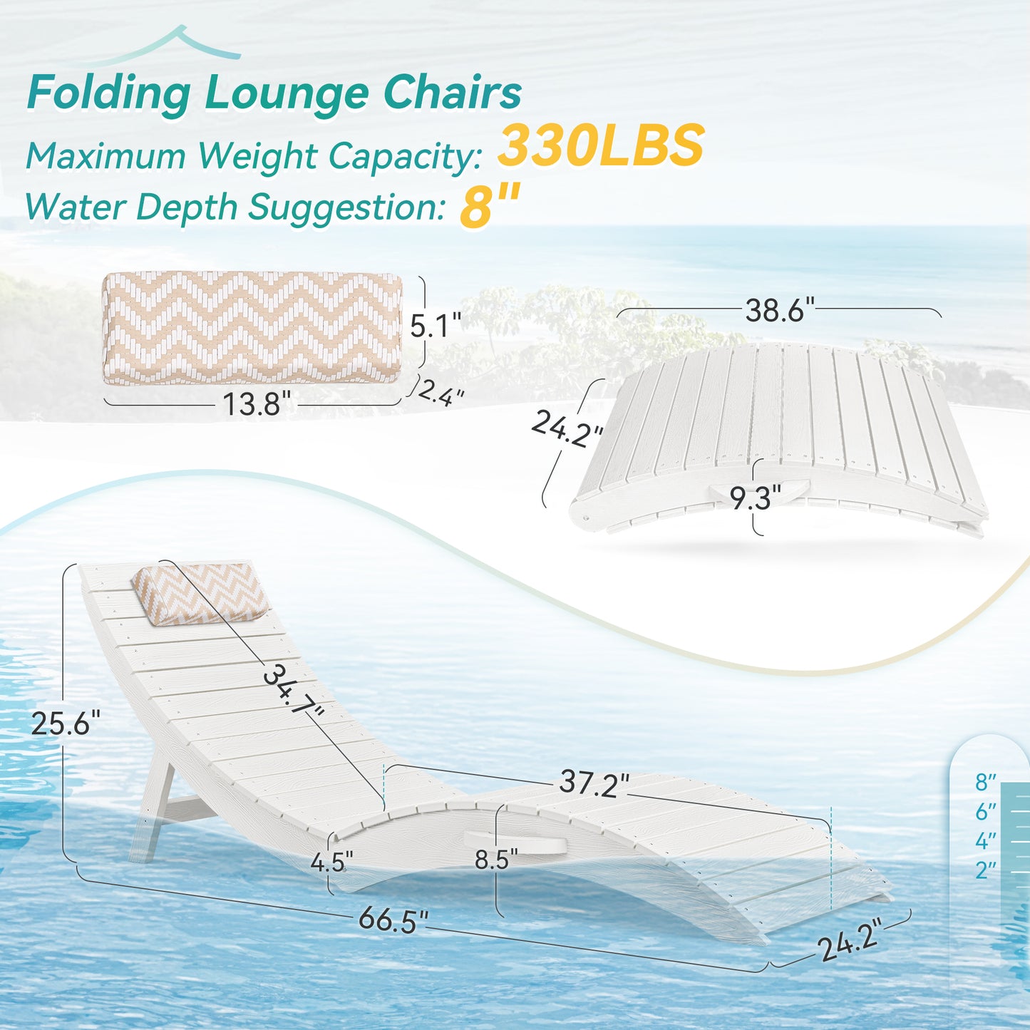 Folding Pool Lounge Chair with Headrest, Pre‑Assembled HDPS, Anti‑Floating Design