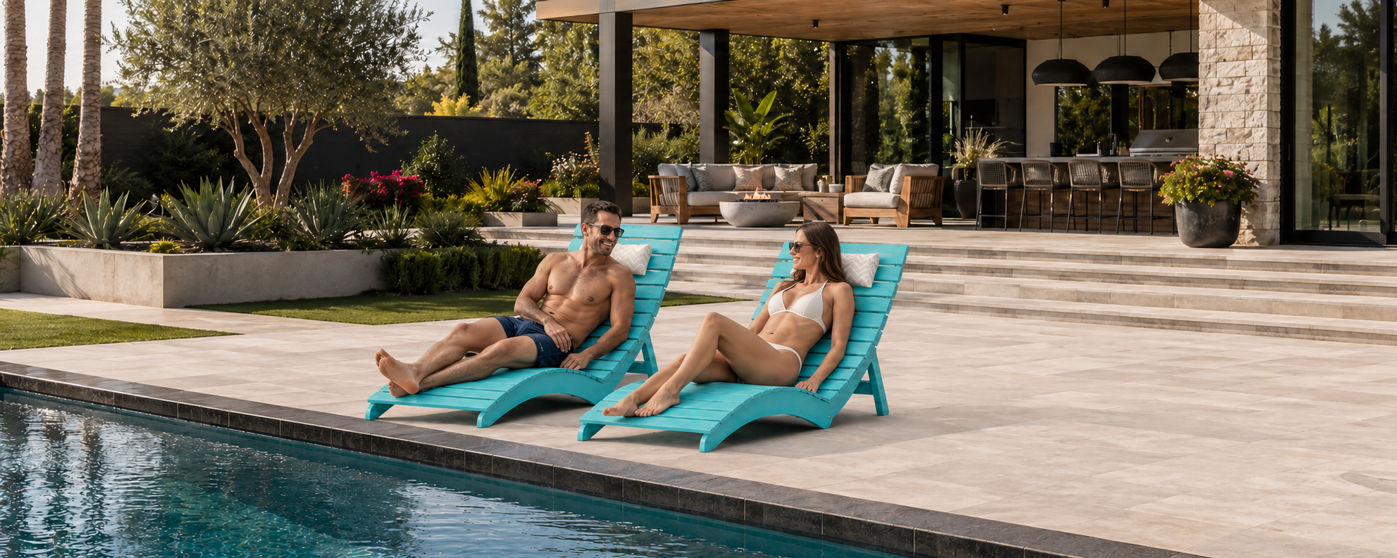 Foldable pool seat moved between poolside and shallow sun shelf for flexible backyard seating