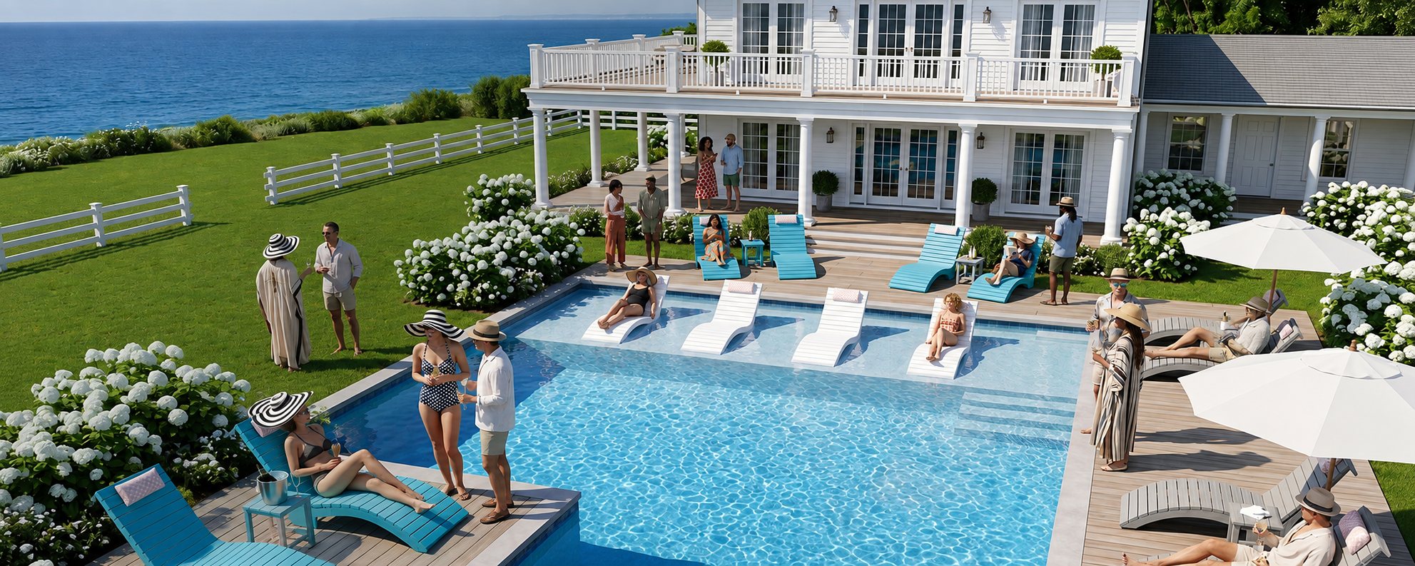 Fully assembled pool loungers ready for use on a shallow tanning ledge