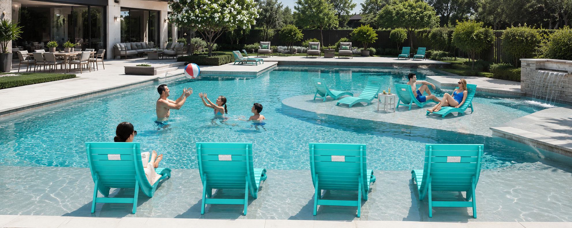 Stable AquaCurve in-pool lounge chair with sandbags on a shallow pool ledge