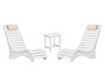 Two white pool loungers in water with matching side table for sun shelves