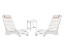 Two white pool loungers in water with matching side table for sun shelves