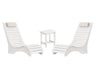 Two white pool loungers in water with matching side table for sun shelves