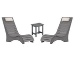 Two dark gray pool loungers in water with matching side table