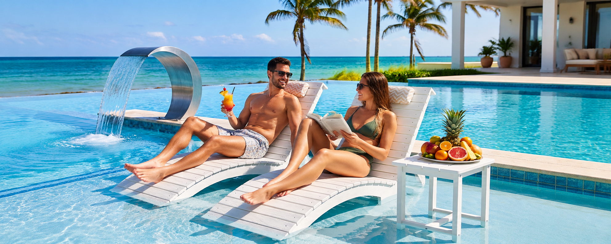 Tall adult reclining on a full-length in-pool chaise with leg and back support