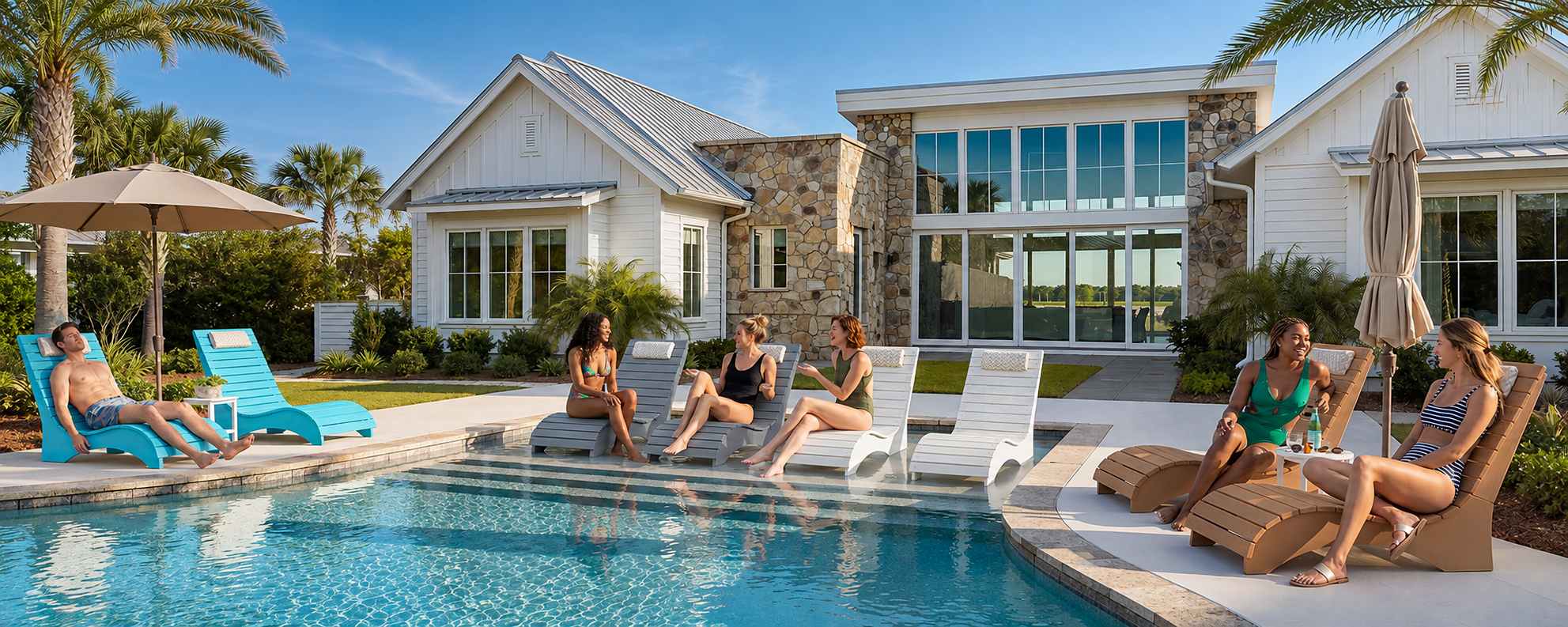In-pool lounge chairs on a shallow tanning ledge for cooling pool relaxation