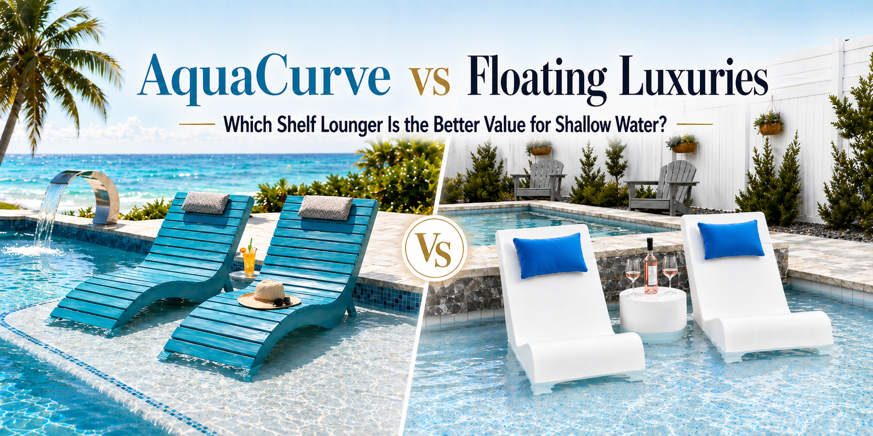 Side-by-side comparison of AquaCurve and Floating Luxuries in-pool shelf loungers for residential sun shelves
