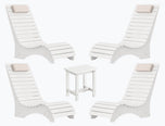 Set of four white pool loungers in water with matching side table