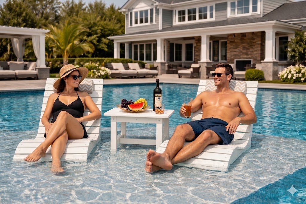 In-pool side table between two sun shelf lounge chairs in a luxury backyard pool