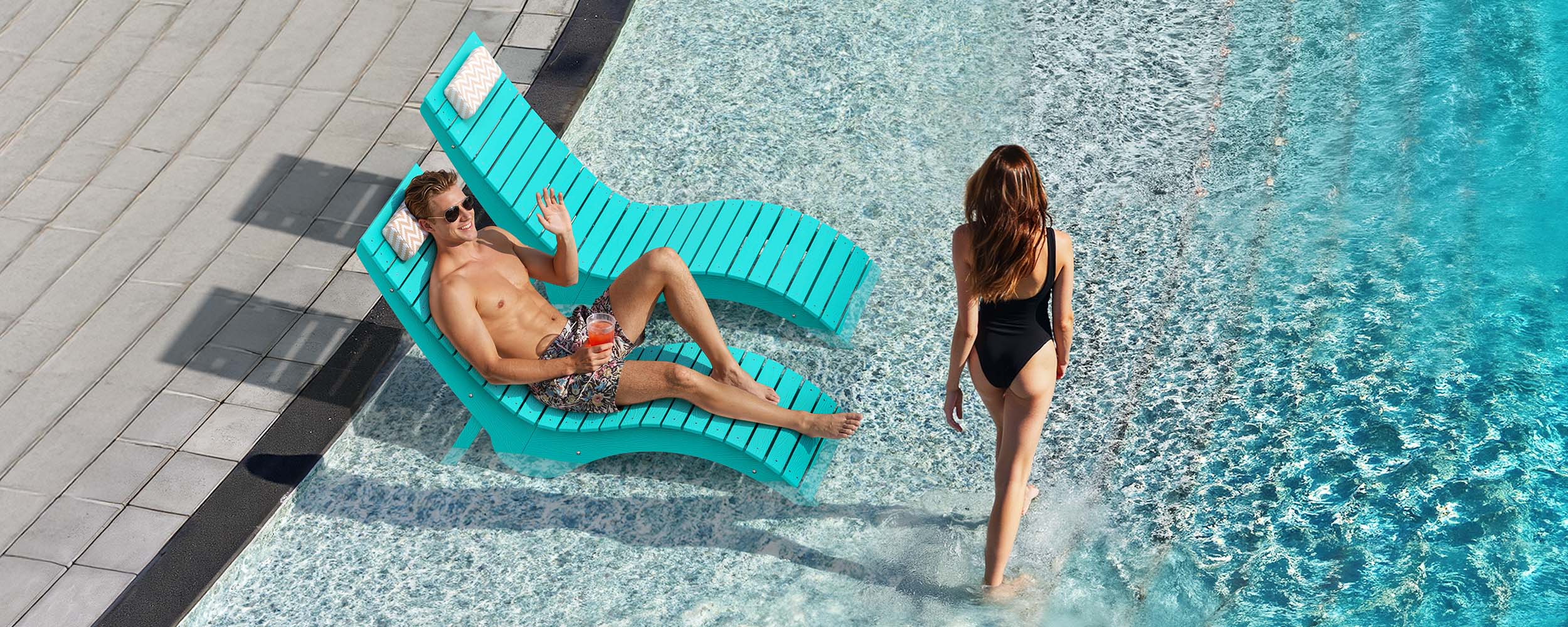 AquaCurve in-pool lounger on a shallow sun shelf up to 9 inches deep