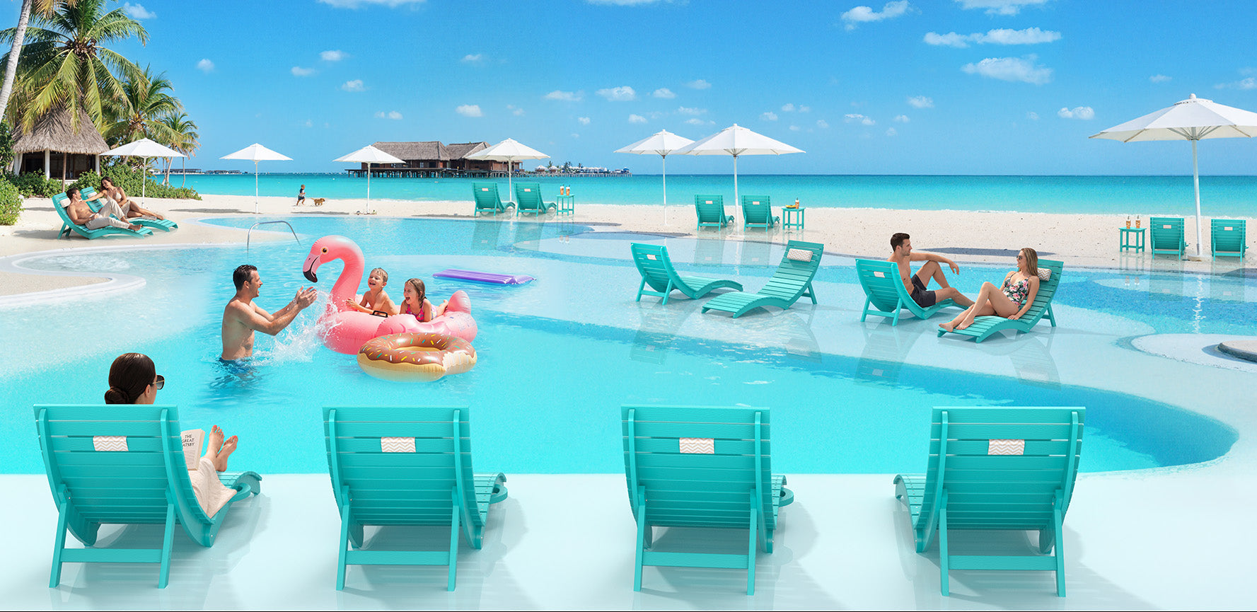 HDPS in-pool lounge chair for a sun shelf with UV and chlorine-resistant material