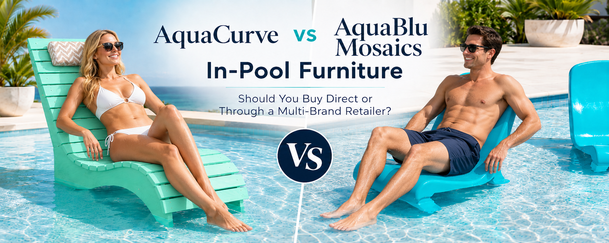 AquaCurve direct-buy in-pool loungers compared with AquaBlu Mosaics multi-brand pool furniture
