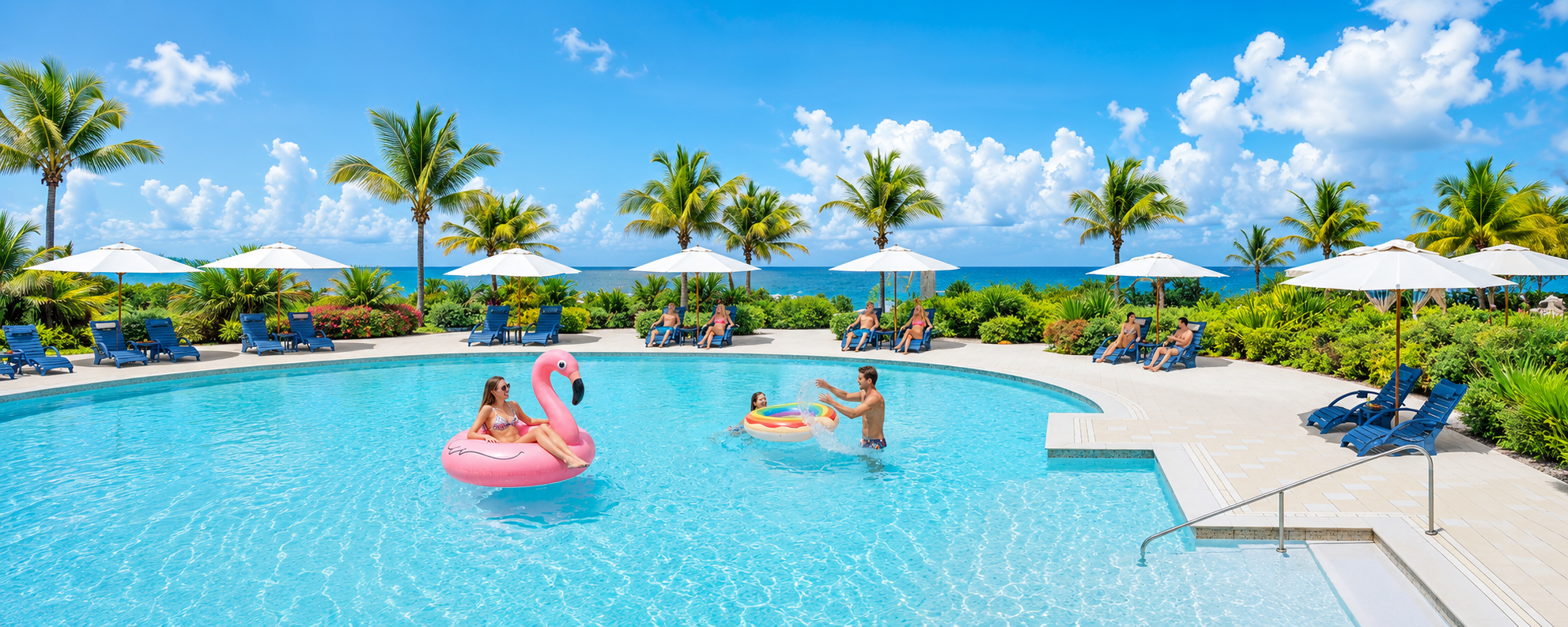 AquaCurve in-pool lounger on a shallow tanning ledge with poolside seating