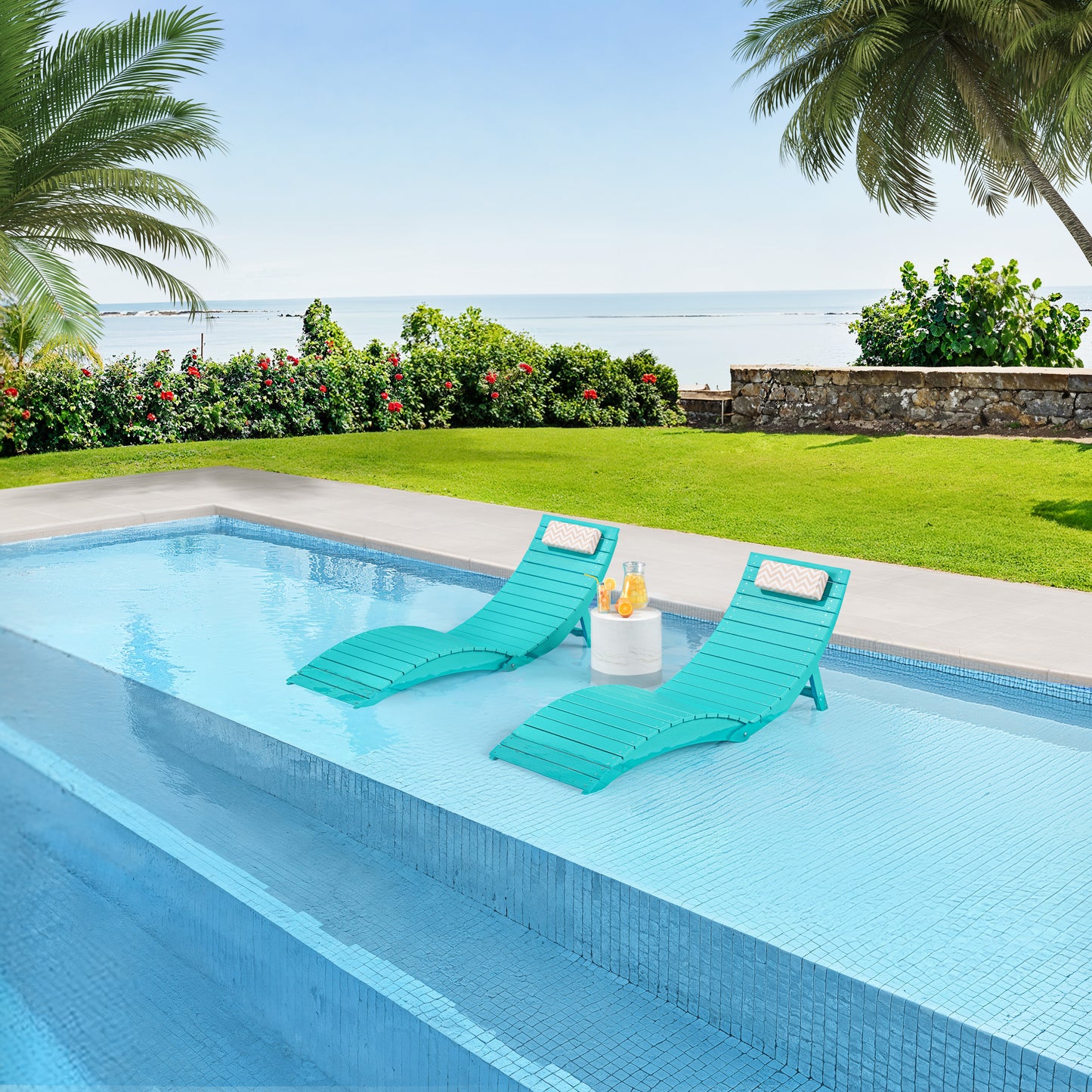 Folding Pool Lounge Chair with Headrest, Pre‑Assembled HDPS, Anti‑Floating Design