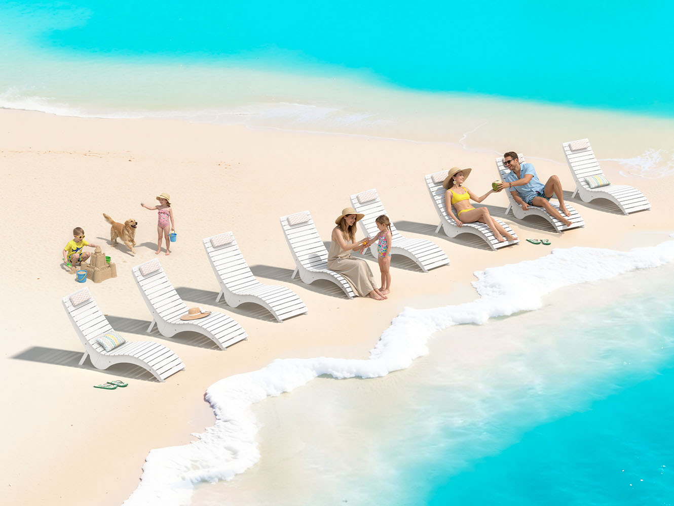 In-pool lounge chairs on a sun shelf with different assembly options before ordering