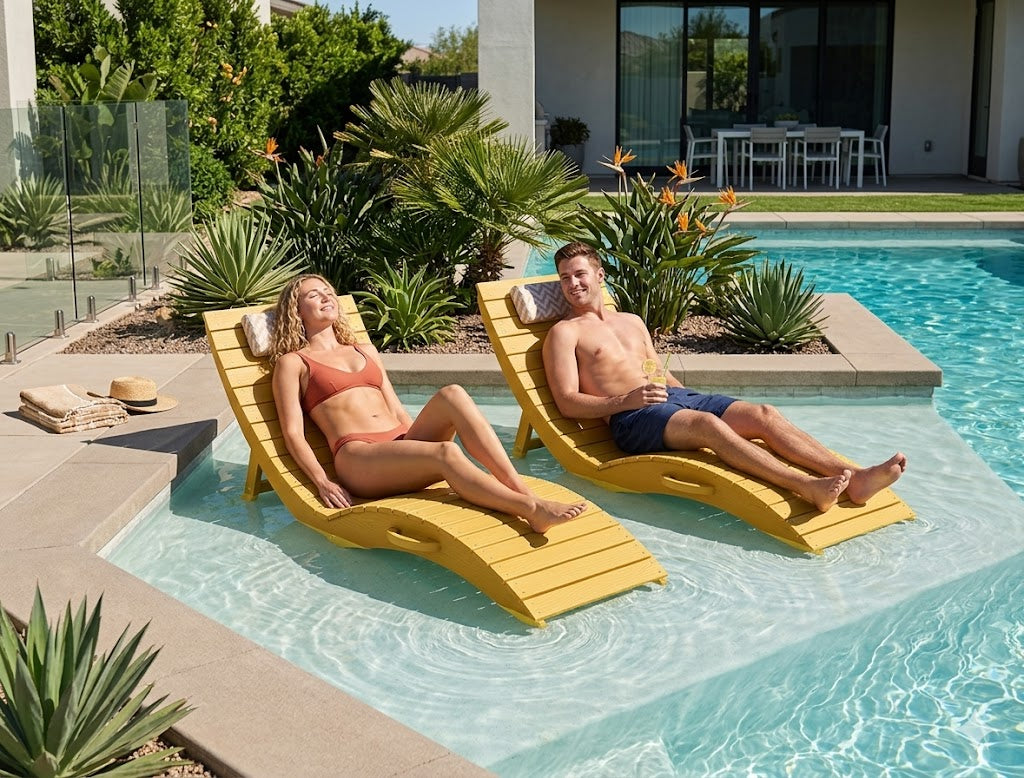 Spacious tanning ledge with two matching in-pool lounge chairs